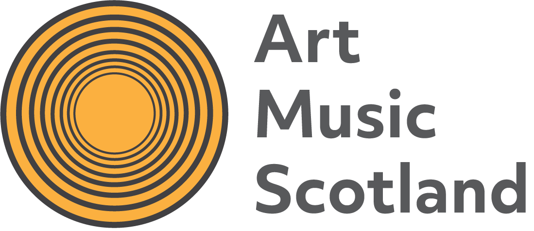 Art Music Scotland logo - orange circle with grey circle lines inside - partly represents the sun (which cotland doesn't see enough of!), partly an old record, and partly sonic waves